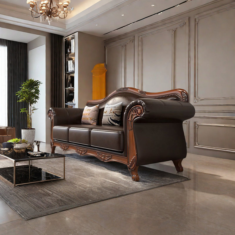 Romero Europeanstyle Living Room Carved Sofa. 80.3'' Genuine Leather